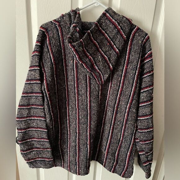 Mexican Baja Hoodie Jacket Beach Outerwear Hippy Boho Gray Red - Picture 3 of 4